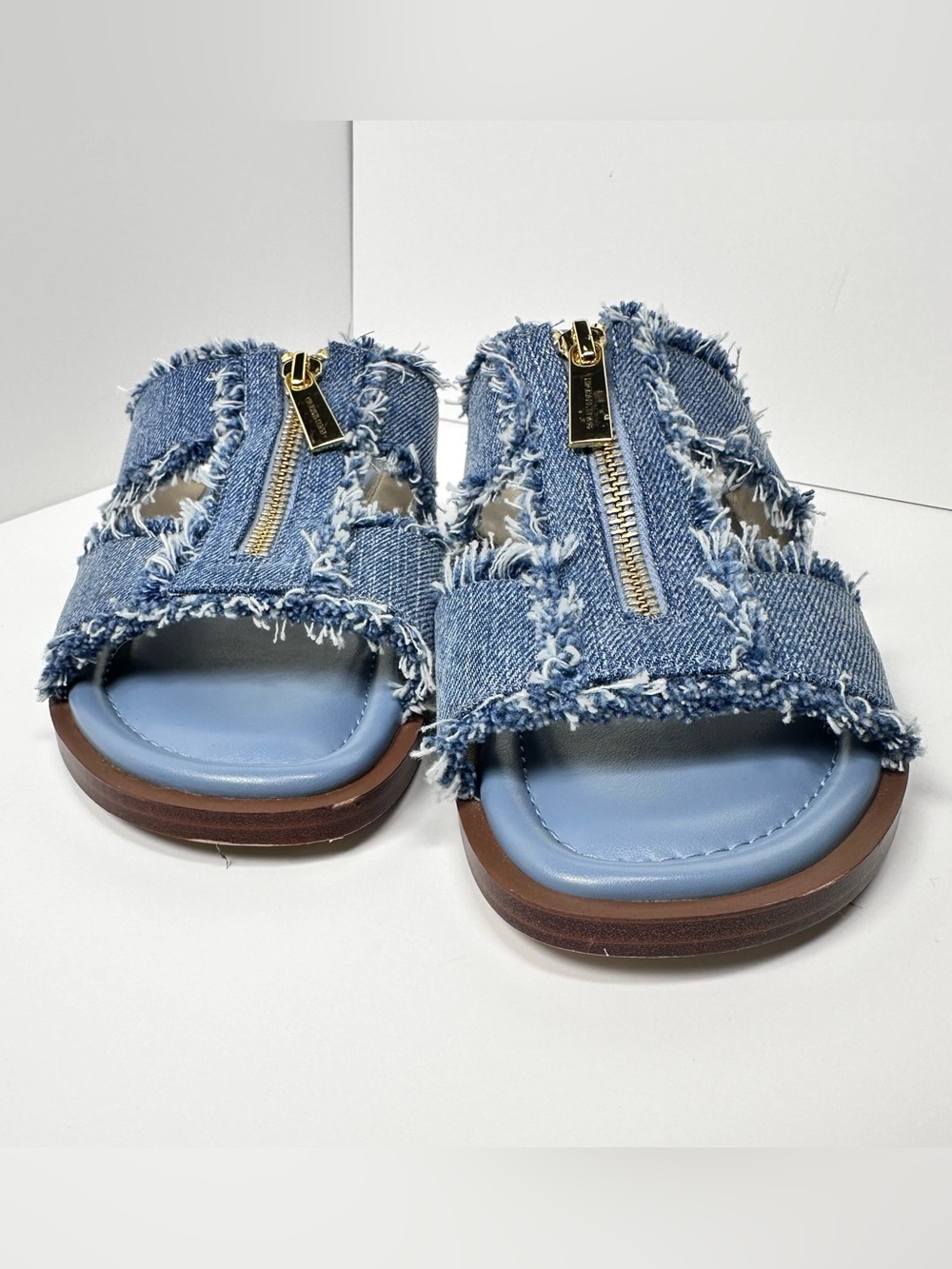 Michael Kors Berkley Denim Sandals Women 7M Blue Frayed Zip Slide Flat Shoes